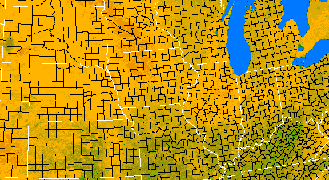 Preview-sized Corn Belt vegetation greeness index map for Period 14 of 2000, illustrating spatial variations in plant vigor, with greener tones indicating higher biomass and browner tones indicating stressed vegetation.