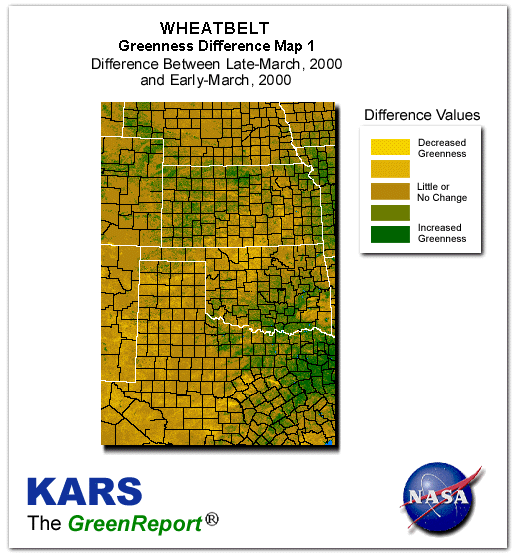 Color-coded Wheat Belt vegetation greeness index map for Period 14 of 2000, illustrating spatial variations in plant vigor, with greener tones indicating higher biomass and browner tones indicating stressed vegetation,
              comparing current crop/vegetation change in biomass to the previous week within the same year.
