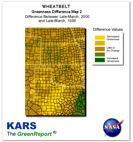 Color-coded Wheat Belt vegetation greeness index map for Period 14 of 2000, illustrating spatial variations in plant vigor, with greener tones indicating higher biomass and browner tones indicating stressed vegetation,
              comparing current crop/vegetation change in biomass to same period from the previous year.