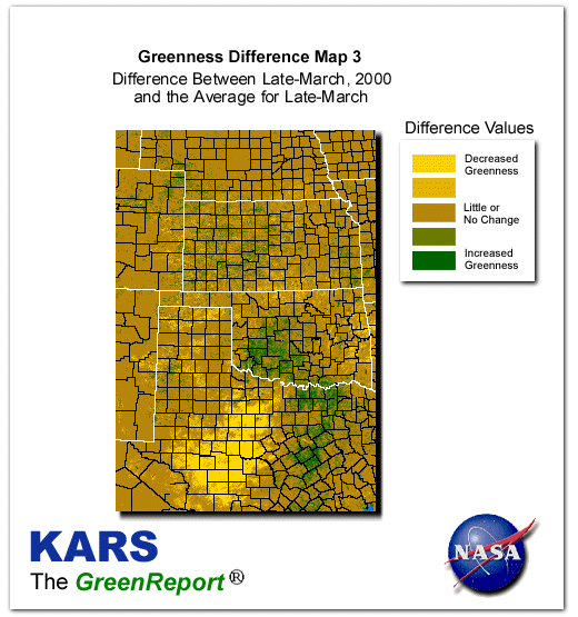 Color-coded Wheat Belt vegetation greeness index map for Period 14 of 2000, illustrating spatial variations in plant vigor, with greener tones indicating higher biomass and browner tones indicating stressed vegetation,
              comparing current crop/vegetation change in biomass to the 20-year greenness average.