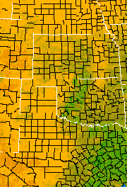 Preview-sized Wheat Belt vegetation greeness index map for Period 14 of 2000, illustrating spatial variations in plant vigor, with greener tones indicating higher biomass and browner tones indicating stressed vegetation.