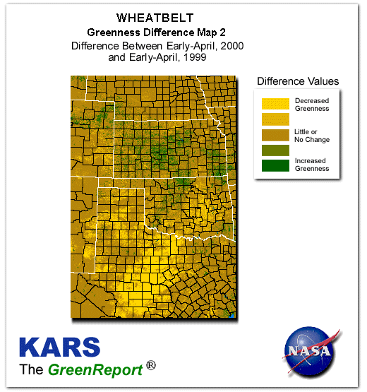 Color-coded Wheat Belt vegetation greeness index map for Period 15 of 2000, illustrating spatial variations in plant vigor, with greener tones indicating higher biomass and browner tones indicating stressed vegetation,
              comparing current crop/vegetation change in biomass to same period from the previous year.