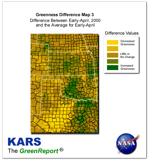 Color-coded Wheat Belt vegetation greeness index map for Period 15 of 2000, illustrating spatial variations in plant vigor, with greener tones indicating higher biomass and browner tones indicating stressed vegetation,
              comparing current crop/vegetation change in biomass to the 20-year greenness average.