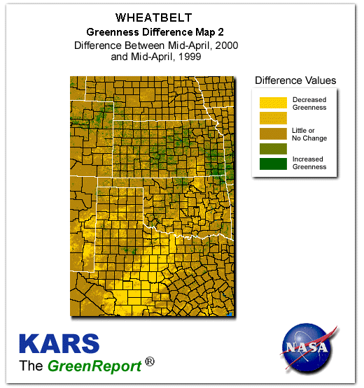 Color-coded Wheat Belt vegetation greeness index map for Period 16 of 2000, illustrating spatial variations in plant vigor, with greener tones indicating higher biomass and browner tones indicating stressed vegetation,
              comparing current crop/vegetation change in biomass to same period from the previous year.
