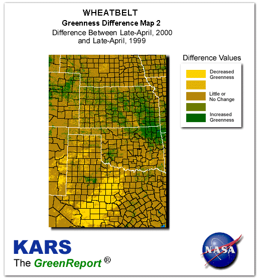 Color-coded Wheat Belt vegetation greeness index map for Period 17 of 2000, illustrating spatial variations in plant vigor, with greener tones indicating higher biomass and browner tones indicating stressed vegetation,
              comparing current crop/vegetation change in biomass to same period from the previous year.