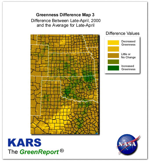 Color-coded Wheat Belt vegetation greeness index map for Period 17 of 2000, illustrating spatial variations in plant vigor, with greener tones indicating higher biomass and browner tones indicating stressed vegetation,
              comparing current crop/vegetation change in biomass to the 20-year greenness average.