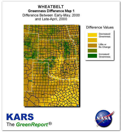 Color-coded Wheat Belt vegetation greeness index map for Period 19 of 2000, illustrating spatial variations in plant vigor, with greener tones indicating higher biomass and browner tones indicating stressed vegetation,
              comparing current crop/vegetation change in biomass to the previous week within the same year.