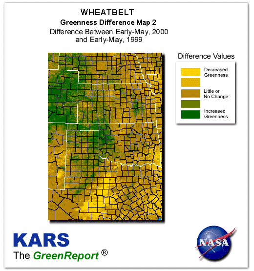 Color-coded Wheat Belt vegetation greeness index map for Period 19 of 2000, illustrating spatial variations in plant vigor, with greener tones indicating higher biomass and browner tones indicating stressed vegetation,
              comparing current crop/vegetation change in biomass to same period from the previous year.