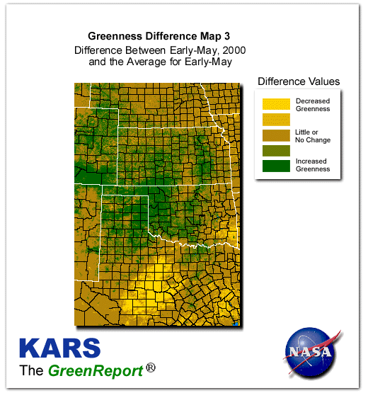 Color-coded Wheat Belt vegetation greeness index map for Period 19 of 2000, illustrating spatial variations in plant vigor, with greener tones indicating higher biomass and browner tones indicating stressed vegetation,
              comparing current crop/vegetation change in biomass to the 20-year greenness average.