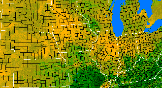 Preview-sized Corn Belt vegetation greeness index map for Period 20 of 2000, illustrating spatial variations in plant vigor, with greener tones indicating higher biomass and browner tones indicating stressed vegetation.