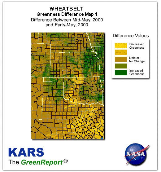 Color-coded Wheat Belt vegetation greeness index map for Period 20 of 2000, illustrating spatial variations in plant vigor, with greener tones indicating higher biomass and browner tones indicating stressed vegetation,
              comparing current crop/vegetation change in biomass to the previous week within the same year.