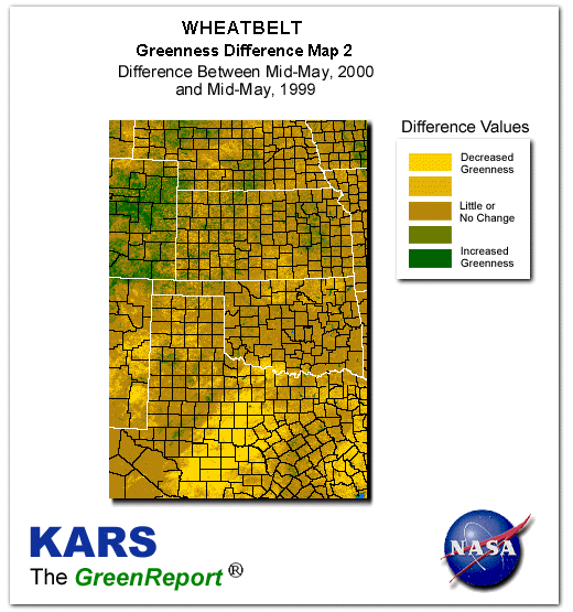 Color-coded Wheat Belt vegetation greeness index map for Period 20 of 2000, illustrating spatial variations in plant vigor, with greener tones indicating higher biomass and browner tones indicating stressed vegetation,
              comparing current crop/vegetation change in biomass to same period from the previous year.