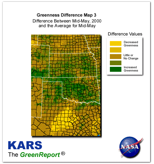 Color-coded Wheat Belt vegetation greeness index map for Period 20 of 2000, illustrating spatial variations in plant vigor, with greener tones indicating higher biomass and browner tones indicating stressed vegetation,
              comparing current crop/vegetation change in biomass to the 20-year greenness average.