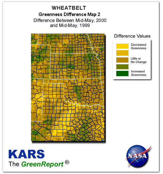 Color-coded Wheat Belt vegetation greeness index map for Period 21 of 2000, illustrating spatial variations in plant vigor, with greener tones indicating higher biomass and browner tones indicating stressed vegetation,
              comparing current crop/vegetation change in biomass to same period from the previous year.