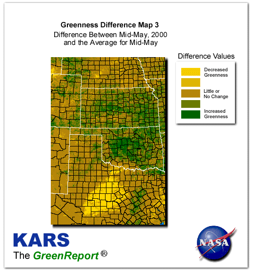 Color-coded Wheat Belt vegetation greeness index map for Period 21 of 2000, illustrating spatial variations in plant vigor, with greener tones indicating higher biomass and browner tones indicating stressed vegetation,
              comparing current crop/vegetation change in biomass to the 20-year greenness average.