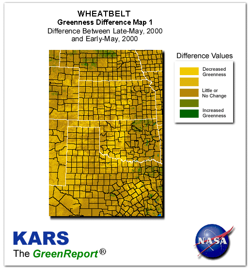 Color-coded Wheat Belt vegetation greeness index map for Period 22 of 2000, illustrating spatial variations in plant vigor, with greener tones indicating higher biomass and browner tones indicating stressed vegetation,
              comparing current crop/vegetation change in biomass to the previous week within the same year.