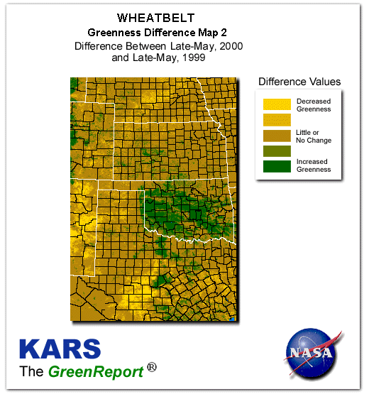 Color-coded Wheat Belt vegetation greeness index map for Period 22 of 2000, illustrating spatial variations in plant vigor, with greener tones indicating higher biomass and browner tones indicating stressed vegetation,
              comparing current crop/vegetation change in biomass to same period from the previous year.