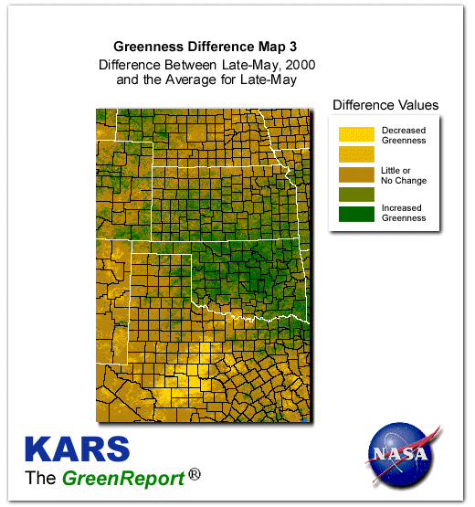 Color-coded Wheat Belt vegetation greeness index map for Period 22 of 2000, illustrating spatial variations in plant vigor, with greener tones indicating higher biomass and browner tones indicating stressed vegetation,
              comparing current crop/vegetation change in biomass to the 20-year greenness average.