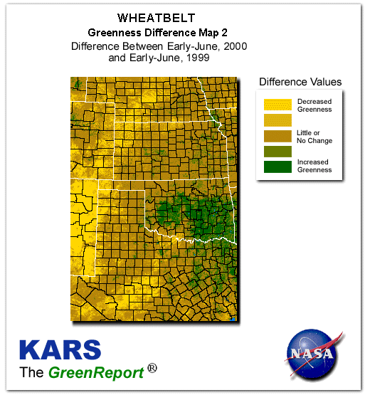 Color-coded Wheat Belt vegetation greeness index map for Period 23 of 2000, illustrating spatial variations in plant vigor, with greener tones indicating higher biomass and browner tones indicating stressed vegetation,
              comparing current crop/vegetation change in biomass to same period from the previous year.