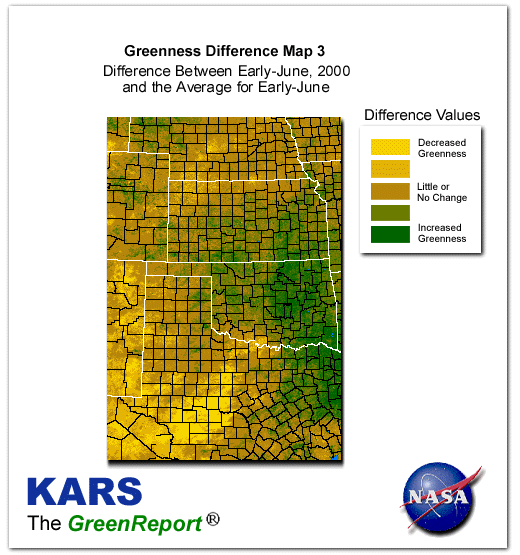 Color-coded Wheat Belt vegetation greeness index map for Period 23 of 2000, illustrating spatial variations in plant vigor, with greener tones indicating higher biomass and browner tones indicating stressed vegetation,
              comparing current crop/vegetation change in biomass to the 20-year greenness average.