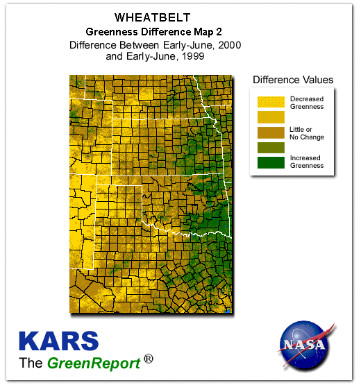 Color-coded Wheat Belt vegetation greeness index map for Period 24 of 2000, illustrating spatial variations in plant vigor, with greener tones indicating higher biomass and browner tones indicating stressed vegetation,
              comparing current crop/vegetation change in biomass to same period from the previous year.