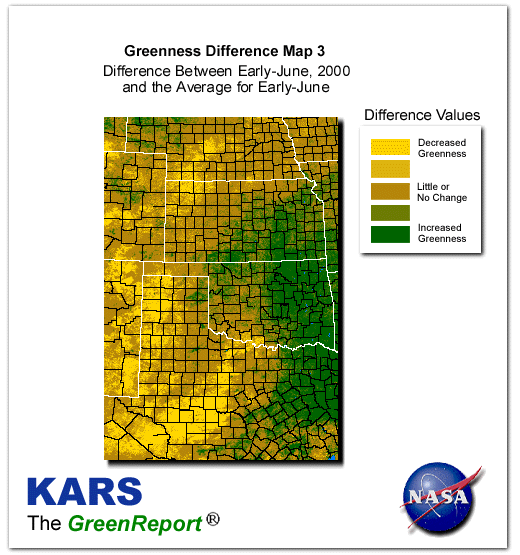 Color-coded Wheat Belt vegetation greeness index map for Period 24 of 2000, illustrating spatial variations in plant vigor, with greener tones indicating higher biomass and browner tones indicating stressed vegetation,
              comparing current crop/vegetation change in biomass to the 20-year greenness average.