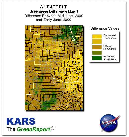 Color-coded Wheat Belt vegetation greeness index map for Period 25 of 2000, illustrating spatial variations in plant vigor, with greener tones indicating higher biomass and browner tones indicating stressed vegetation,
              comparing current crop/vegetation change in biomass to the previous week within the same year.