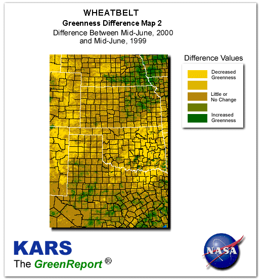 Color-coded Wheat Belt vegetation greeness index map for Period 25 of 2000, illustrating spatial variations in plant vigor, with greener tones indicating higher biomass and browner tones indicating stressed vegetation,
              comparing current crop/vegetation change in biomass to same period from the previous year.