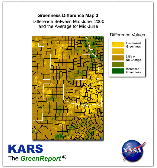 Color-coded Wheat Belt vegetation greeness index map for Period 25 of 2000, illustrating spatial variations in plant vigor, with greener tones indicating higher biomass and browner tones indicating stressed vegetation,
              comparing current crop/vegetation change in biomass to the 20-year greenness average.