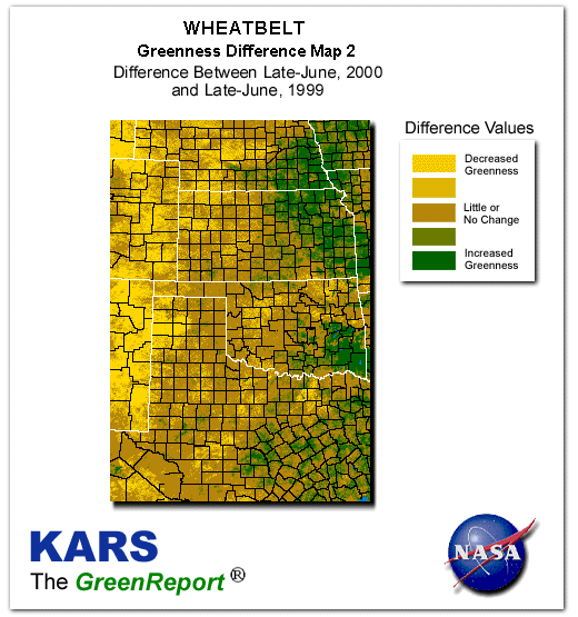 Color-coded Wheat Belt vegetation greeness index map for Period 26 of 2000, illustrating spatial variations in plant vigor, with greener tones indicating higher biomass and browner tones indicating stressed vegetation,
              comparing current crop/vegetation change in biomass to same period from the previous year.
