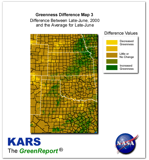 Color-coded Wheat Belt vegetation greeness index map for Period 26 of 2000, illustrating spatial variations in plant vigor, with greener tones indicating higher biomass and browner tones indicating stressed vegetation,
              comparing current crop/vegetation change in biomass to the 20-year greenness average.