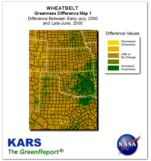 Color-coded Wheat Belt vegetation greeness index map for Period 27 of 2000, illustrating spatial variations in plant vigor, with greener tones indicating higher biomass and browner tones indicating stressed vegetation,
              comparing current crop/vegetation change in biomass to the previous week within the same year.