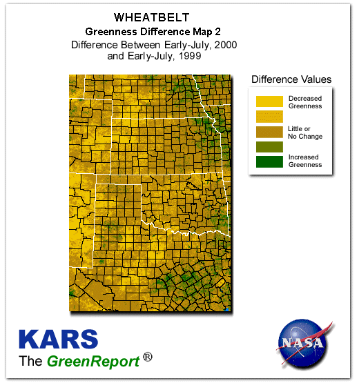 Color-coded Wheat Belt vegetation greeness index map for Period 27 of 2000, illustrating spatial variations in plant vigor, with greener tones indicating higher biomass and browner tones indicating stressed vegetation,
              comparing current crop/vegetation change in biomass to same period from the previous year.
