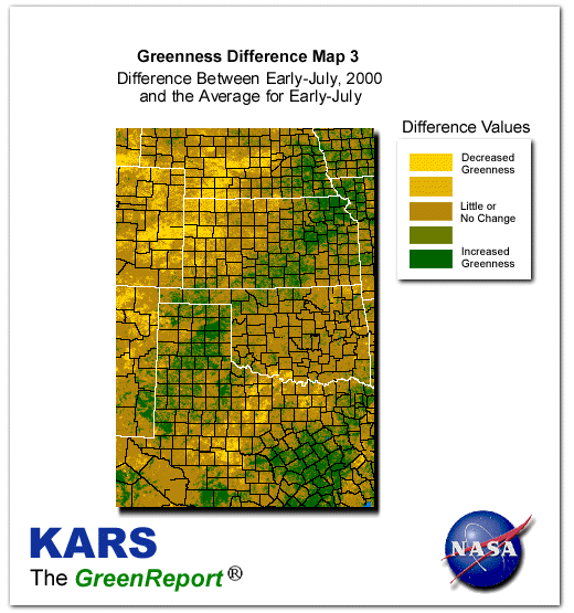Color-coded Wheat Belt vegetation greeness index map for Period 27 of 2000, illustrating spatial variations in plant vigor, with greener tones indicating higher biomass and browner tones indicating stressed vegetation,
              comparing current crop/vegetation change in biomass to the 20-year greenness average.