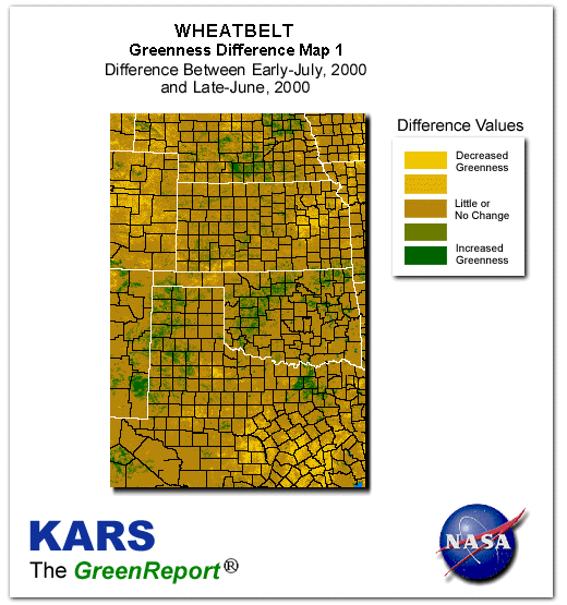 Color-coded Wheat Belt vegetation greeness index map for Period 28 of 2000, illustrating spatial variations in plant vigor, with greener tones indicating higher biomass and browner tones indicating stressed vegetation,
              comparing current crop/vegetation change in biomass to the previous week within the same year.