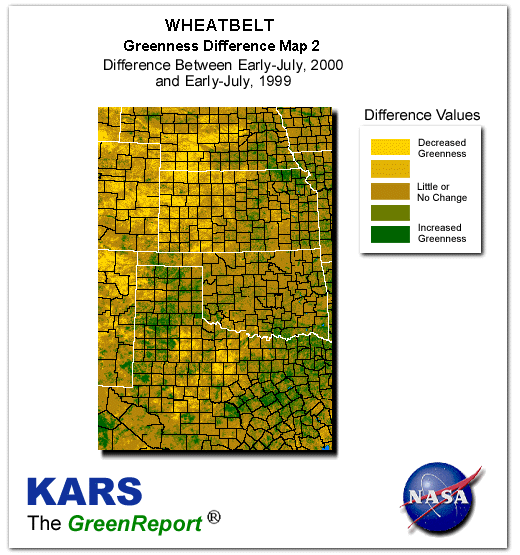 Color-coded Wheat Belt vegetation greeness index map for Period 28 of 2000, illustrating spatial variations in plant vigor, with greener tones indicating higher biomass and browner tones indicating stressed vegetation,
              comparing current crop/vegetation change in biomass to same period from the previous year.