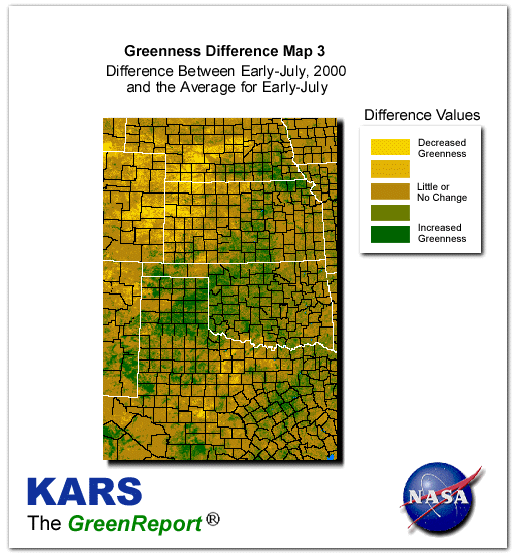 Color-coded Wheat Belt vegetation greeness index map for Period 28 of 2000, illustrating spatial variations in plant vigor, with greener tones indicating higher biomass and browner tones indicating stressed vegetation,
              comparing current crop/vegetation change in biomass to the 20-year greenness average.
