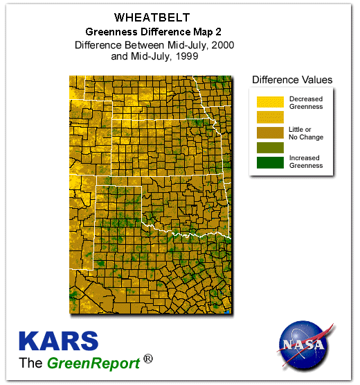 Color-coded Wheat Belt vegetation greeness index map for Period 29 of 2000, illustrating spatial variations in plant vigor, with greener tones indicating higher biomass and browner tones indicating stressed vegetation,
              comparing current crop/vegetation change in biomass to same period from the previous year.
