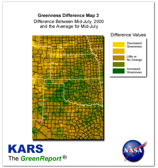 Color-coded Wheat Belt vegetation greeness index map for Period 29 of 2000, illustrating spatial variations in plant vigor, with greener tones indicating higher biomass and browner tones indicating stressed vegetation,
              comparing current crop/vegetation change in biomass to the 20-year greenness average.