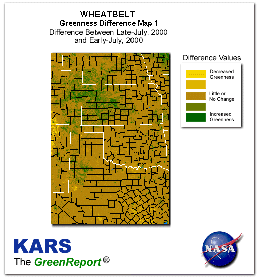 Color-coded Wheat Belt vegetation greeness index map for Period 30 of 2000, illustrating spatial variations in plant vigor, with greener tones indicating higher biomass and browner tones indicating stressed vegetation,
              comparing current crop/vegetation change in biomass to the previous week within the same year.