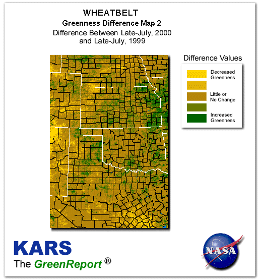 Color-coded Wheat Belt vegetation greeness index map for Period 30 of 2000, illustrating spatial variations in plant vigor, with greener tones indicating higher biomass and browner tones indicating stressed vegetation,
              comparing current crop/vegetation change in biomass to same period from the previous year.
