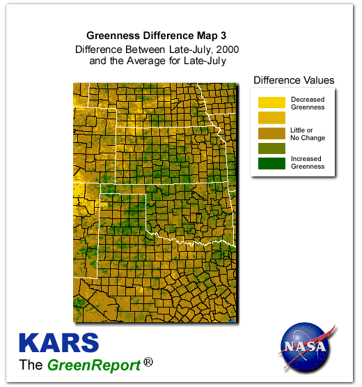 Color-coded Wheat Belt vegetation greeness index map for Period 30 of 2000, illustrating spatial variations in plant vigor, with greener tones indicating higher biomass and browner tones indicating stressed vegetation,
              comparing current crop/vegetation change in biomass to the 20-year greenness average.