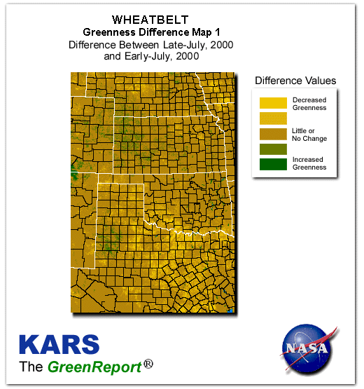 Color-coded Wheat Belt vegetation greeness index map for Period 31 of 2000, illustrating spatial variations in plant vigor, with greener tones indicating higher biomass and browner tones indicating stressed vegetation,
              comparing current crop/vegetation change in biomass to the previous week within the same year.