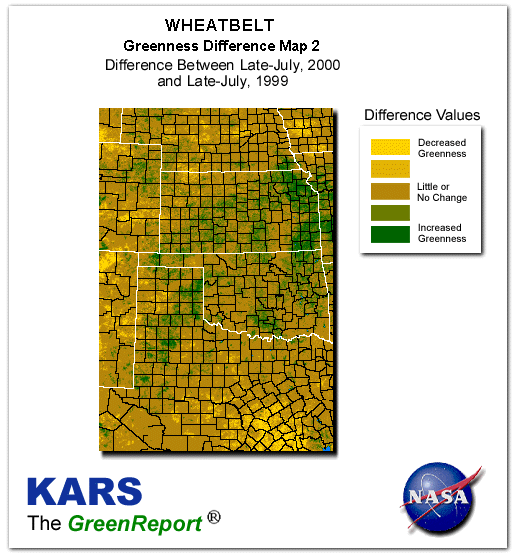 Color-coded Wheat Belt vegetation greeness index map for Period 31 of 2000, illustrating spatial variations in plant vigor, with greener tones indicating higher biomass and browner tones indicating stressed vegetation,
              comparing current crop/vegetation change in biomass to same period from the previous year.
