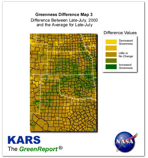 Color-coded Wheat Belt vegetation greeness index map for Period 31 of 2000, illustrating spatial variations in plant vigor, with greener tones indicating higher biomass and browner tones indicating stressed vegetation,
              comparing current crop/vegetation change in biomass to the 20-year greenness average.
