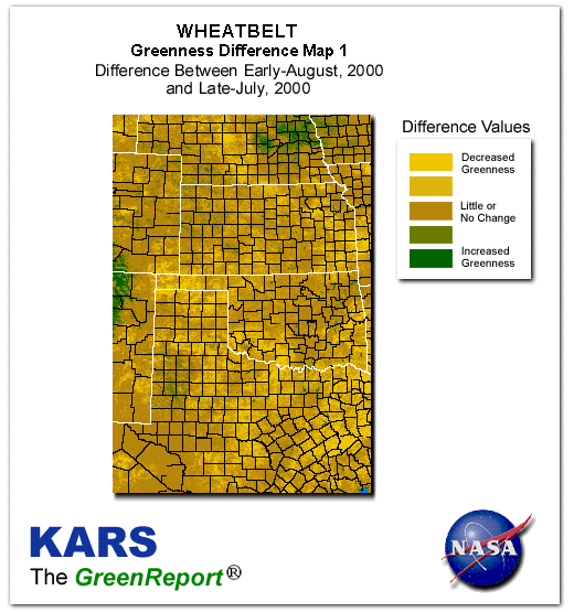 Color-coded Wheat Belt vegetation greeness index map for Period 32 of 2000, illustrating spatial variations in plant vigor, with greener tones indicating higher biomass and browner tones indicating stressed vegetation,
              comparing current crop/vegetation change in biomass to the previous week within the same year.