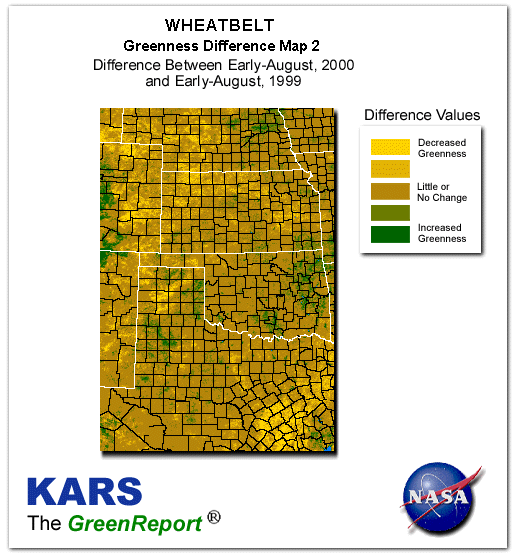 Color-coded Wheat Belt vegetation greeness index map for Period 32 of 2000, illustrating spatial variations in plant vigor, with greener tones indicating higher biomass and browner tones indicating stressed vegetation,
              comparing current crop/vegetation change in biomass to same period from the previous year.
