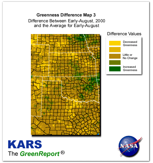 Color-coded Wheat Belt vegetation greeness index map for Period 32 of 2000, illustrating spatial variations in plant vigor, with greener tones indicating higher biomass and browner tones indicating stressed vegetation,
              comparing current crop/vegetation change in biomass to the 20-year greenness average.