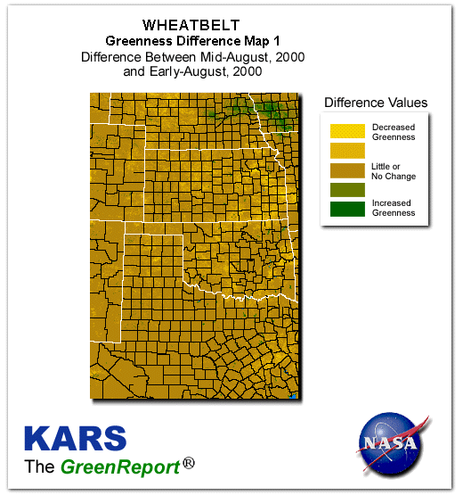 Color-coded Wheat Belt vegetation greeness index map for Period 33 of 2000, illustrating spatial variations in plant vigor, with greener tones indicating higher biomass and browner tones indicating stressed vegetation,
              comparing current crop/vegetation change in biomass to the previous week within the same year.