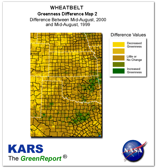 Color-coded Wheat Belt vegetation greeness index map for Period 33 of 2000, illustrating spatial variations in plant vigor, with greener tones indicating higher biomass and browner tones indicating stressed vegetation,
              comparing current crop/vegetation change in biomass to same period from the previous year.
